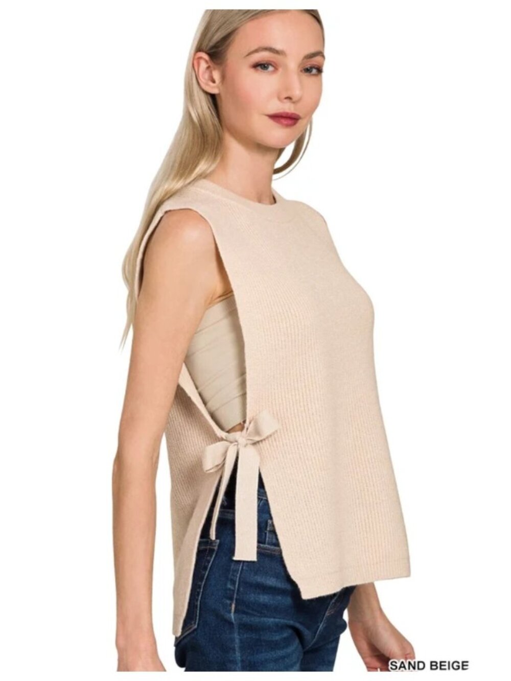 NWT Cobblestone Living Beige Knit Sweater Vest w/ Side Ties sz OS